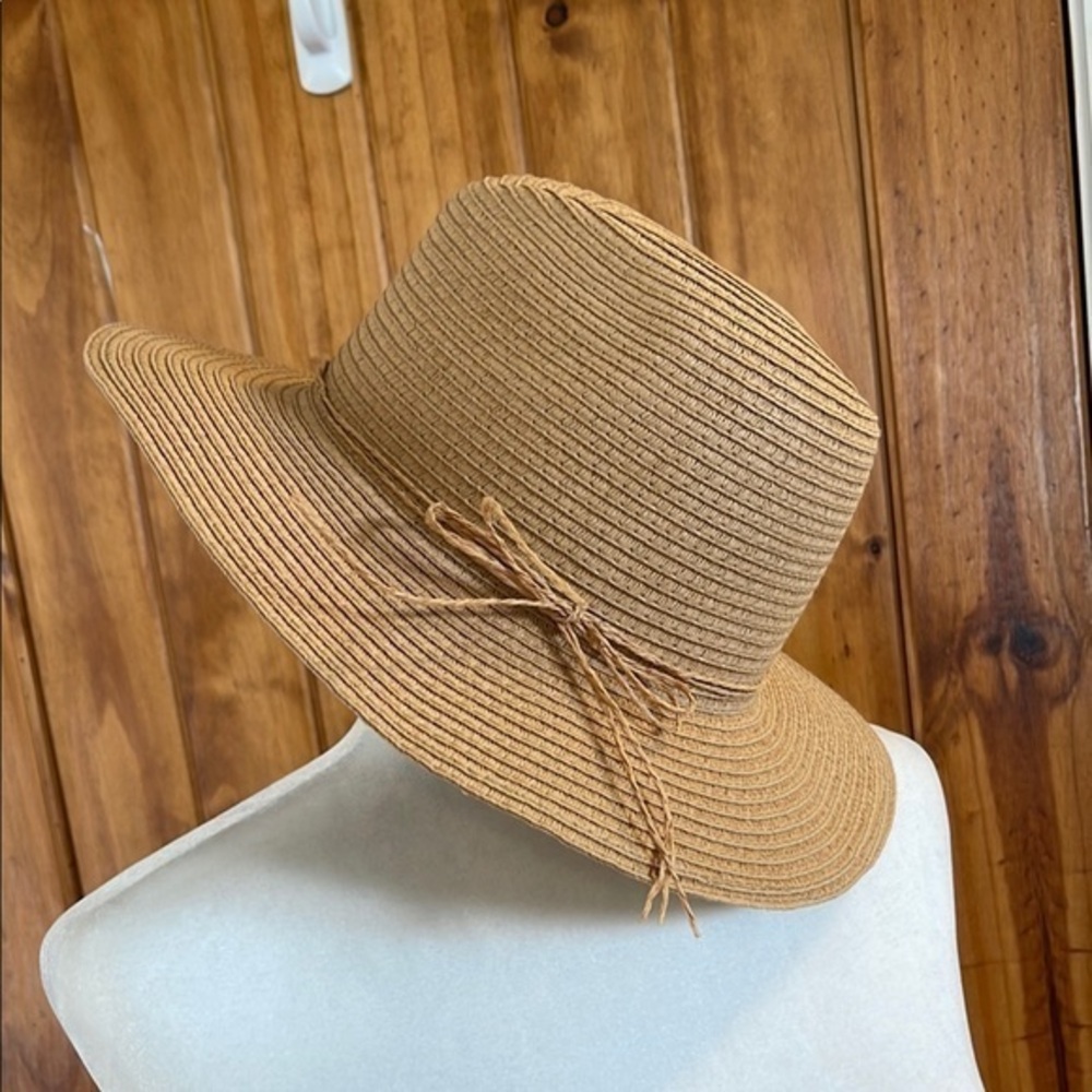 Style & Co Tan Straw Sun Floppy Beach Hat With bow String tie Adjustable
